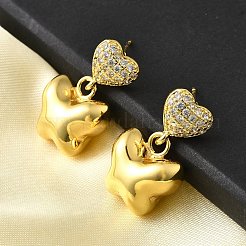 Висячие серьги-гвоздики с сердцем и бабочкой из латуни с микропаве из прозрачных кубических цирконий&nbsp;EJEW-Z099-01G