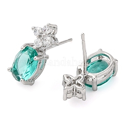 Латунные серьги-гвоздики с цветком и овалом из кубического циркония для женщин EJEW-I304-26P