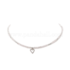 Ожерелье с кулоном в виде сердца из прозрачного кубического циркония с цепочками из бисера из натурального розового кварца для женщин NJEW-JN04271-02