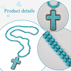 Сплав паве окрашенный синтетический бирюзовый крест кулон 8 мм круглые бусины ожерелья для женщин NJEW-WH20816-005AS