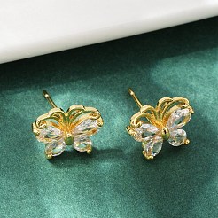 Серьги-гвоздики с бабочками из латуни с микропаве из прозрачных кубических цирконий&nbsp;EJEW-U064-01G