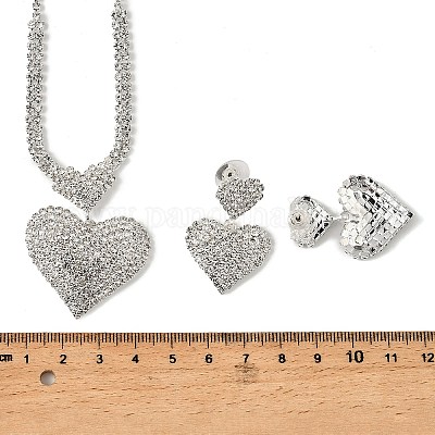 Комплект из серег-гвоздиков и ожерелий с подвесками в форме сердца из латуни и страз для женщин SJEW-M102-08S-1