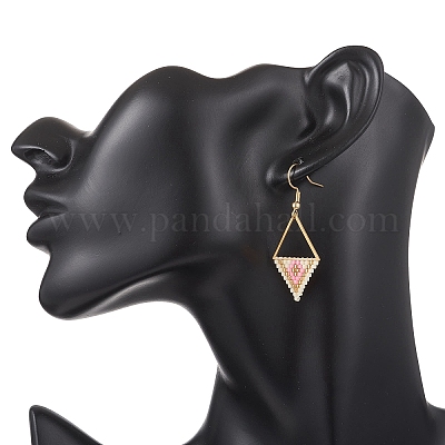 Серьги-подвески из стеклянных бусин в форме ромба с треугольником EJEW-MZ00654-1