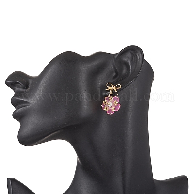 Серьги-гвоздики с подвесками из стеклянных бусин ручной работы в виде цветка EJEW-MZ00471-1