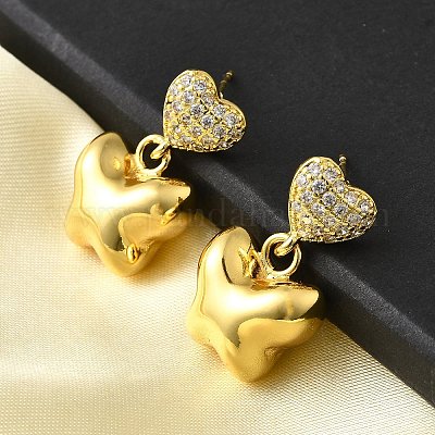 Висячие серьги-гвоздики с сердцем и бабочкой из латуни с микропаве из прозрачных кубических цирконий EJEW-Z099-01G-1