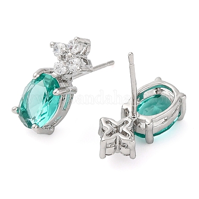 Латунные серьги-гвоздики с цветком и овалом из кубического циркония для женщин EJEW-I304-26P-1