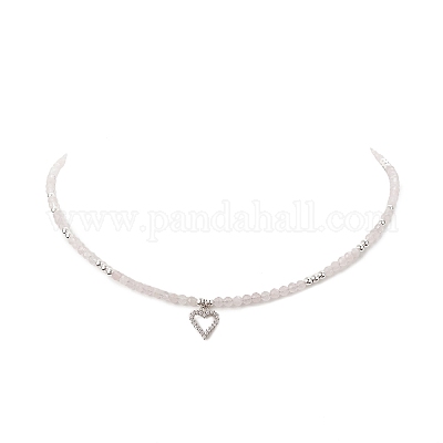 Ожерелье с кулоном в виде сердца из прозрачного кубического циркония с цепочками из бисера из натурального розового кварца для женщин NJEW-JN04271-02-1