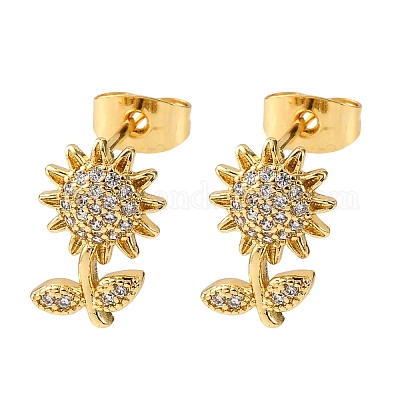 Серьги-гвоздики в форме цветка с микропаве из прозрачных кубических цирконий из латуни EJEW-K267-33G-1