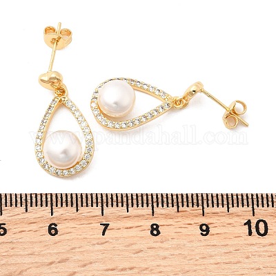 Серьги-гвоздики в форме капли с круглыми латунными микропаве из прозрачных кубических цирконий EJEW-A135-19G-1