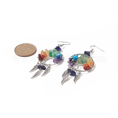 Дерево жизни из натуральных и синтетических смешанных драгоценных камней с серьгами-люстрами из перьев из сплава EJEW-JE05213-1