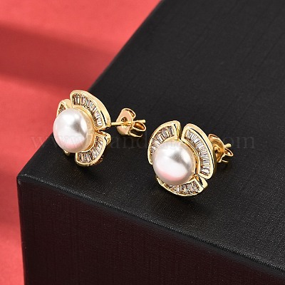 Серьги-гвоздики из латуни с микро-паве и прозрачным фианитом EJEW-A135-22G-1