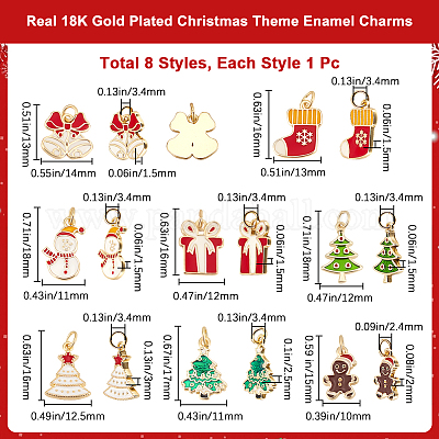 8 шт. 8 стиля рождественской тематики настоящие 18-каратные позолоченные латунные эмалевые подвески KK-BBC0014-99-1