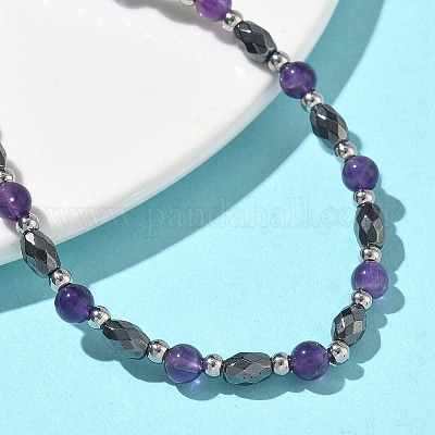 Браслеты из бусин натурального аметиста и немагнитного синтетического гематита для женщин BJEW-Z148-01P-06-1