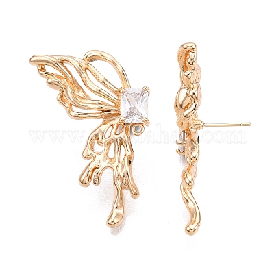 Фурнитура для серег-гвоздиков в форме бабочки из латуни с паве из прозрачного кубического циркония KK-N232-450G-1