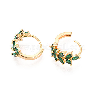 Серьги-кольца в форме листа с микропаве из кубических цирконий из латуни EJEW-T048-41C-G-1