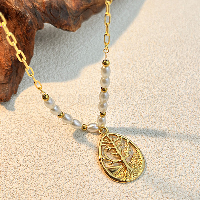 Ожерелья из нержавеющей стали 304 и пластика с подвеской в виде капли жемчуга и дерева для женщин NJEW-U051-01G-1