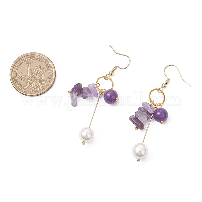 2 пара серег-подвесок с натуральным аметистом и лазуритом EJEW-JE06829-1