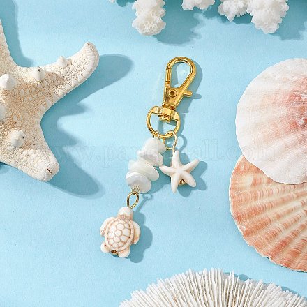 Подвеска в виде ракушки с кристаллами из синтетической бирюзы и натурального белого перламутра в виде морской звезды и морской черепахи HJEW-JM03169-01-1