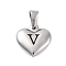 304 Stainless Steel Pendants, Heart with Black Letter, Stainless Steel Color, Letter V, 16x16x4.5mm, Hole: 7x3mm