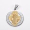 Trendy Necklace Findings Two Tone Flat Round with San Benito 304 Stainless Steel Pendants, Golden & Stainless Steel Color, 33x30x1.5mm, Hole: 6x4mm