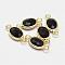 Oval Faceted Golden Brass Glass Links connectors, Black, 15x7x3.2mm, Hole: 1mm