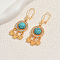 Bohemian Vintage Alloy Synthetic Turquoise Hoop Earrings, Flat Round with Butterfly, Golden, 62x20mm