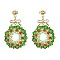 Glass Christmas Wreath Dangle Stud Earrings, 304 Stainless Steel Jewelry, Colorful, 41~42x26.5~27mm