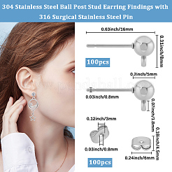 100 шт. фурнитура для сережек-гвоздиков из нержавеющей стали 304&nbsp;STAS-BBC0008-45