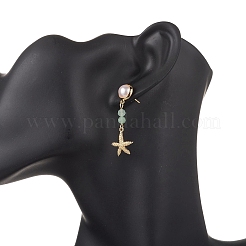 Латунные серьги-гвоздики с плоскими круглыми подвесками из смешанных камней EJEW-JE06647