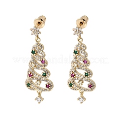 Серьги-гвоздики с подвесками из латуни с микропаве из кубических цирконий в виде рождественских елок EJEW-C165-01G