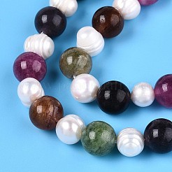 Нити рифленых бусин из натурального белого нефрита круглой огранки и натурального культивированного пресноводного жемчуга в форме картофеля PEAR-N019-04