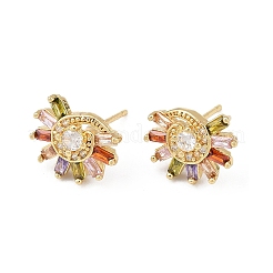 Серьги-гвоздики в форме солнца с микропаве из кубических цирконий из латуни&nbsp;EJEW-F400-10G