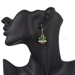 Серьги-подвески из стеклянных бусин в виде рождественской елки EJEW-MZ00614