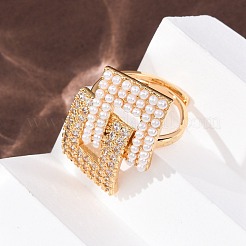 Регулируемые латунные кольца-манжеты с микропаве из прозрачных кубических цирконий и жемчугом из АБС-пластика.&nbsp;RJEW-G368-02G