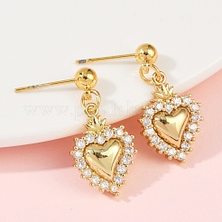 Серьги-гвоздики в форме сердца из латуни с микропаве из прозрачных кубических цирконий EJEW-F895-14G