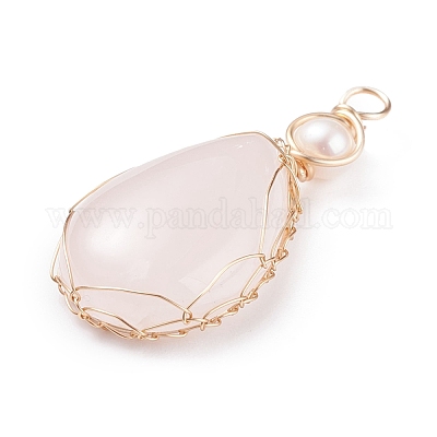 Подвески из медной проволоки из натурального розового кварца PALLOY-JF01398-03-1