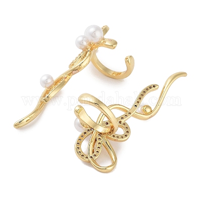 Женские серьги-манжеты из латуни с микропаве и кубическим цирконием с бантиком для женщин EJEW-E310-04G-1