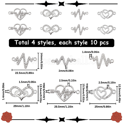 40 шт. 4 стиля подвески-коннекторы из сплава со стразами и кубическим цирконием в виде сердца RB-SC0001-11-1