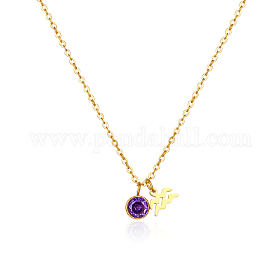 Ожерелья с подвеской из нержавеющей стали с фиолетовым кубическим цирконием и камнем-талисманом Водолея для женщин ZA6688-3-1
