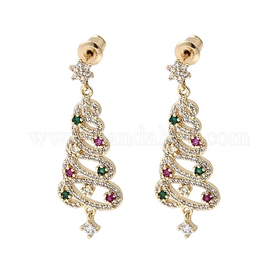 Серьги-гвоздики с подвесками из латуни с микропаве из кубических цирконий в виде рождественских елок EJEW-C165-01G-1