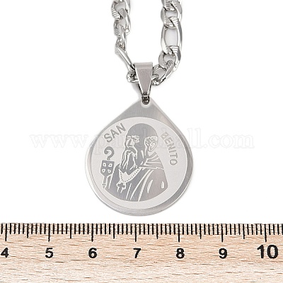 Ожерелья с подвеской в виде капли с узором «Отец Святой Бенедикт» из нержавеющей стали 201 для мужчин и женщин NJEW-K283-19P-1