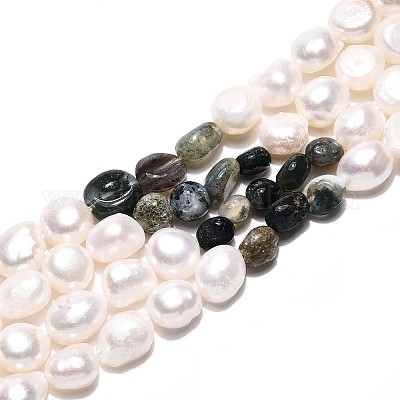Натуральные самородки индийского агата и нити бусин из натурального культивированного пресноводного жемчуга PEAR-N023-01A-01-1