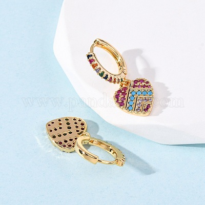 Серьги-кольца из латуни с микропаве и прозрачным кубическим цирконием в форме сердца EJEW-F384-09G-1