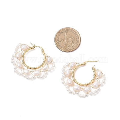 Серьги-кольца с цветком из натурального культивированного пресноводного жемчуга EJEW-TA00731-1