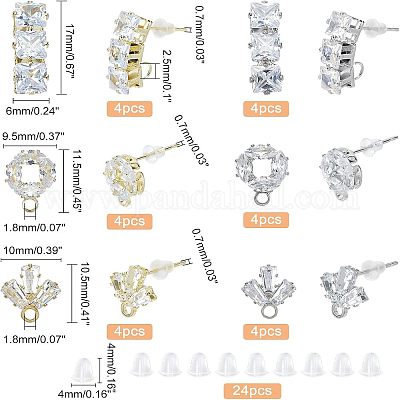 24 шт. 6 стильные латунные серьги-гвоздики с микро-паве из прозрачного кубического циркония ZIRC-NB0001-90-1
