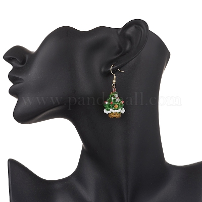 Серьги-подвески из стеклянных бусин в виде рождественской елки EJEW-MZ00614-1