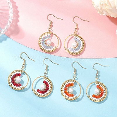 3 пара сережек-подвесок из стеклянных бусин в форме луны EJEW-MZ00598-1