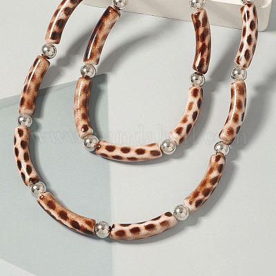Пластиковые и смоляные изогнутые трубчатые двухслойные ожерелья с принтом под леопардовую кожу для женщин NJEW-Q038-01A-1