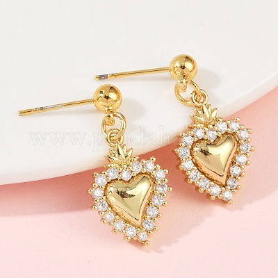 Серьги-гвоздики в форме сердца из латуни с микропаве из прозрачных кубических цирконий EJEW-F895-14G-1