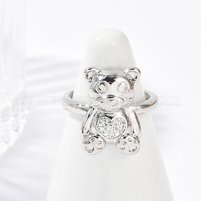 Открытые кольца-манжеты с медведем из латуни с микропаве из прозрачных кубических цирконий для женщин RJEW-G343-04P-1